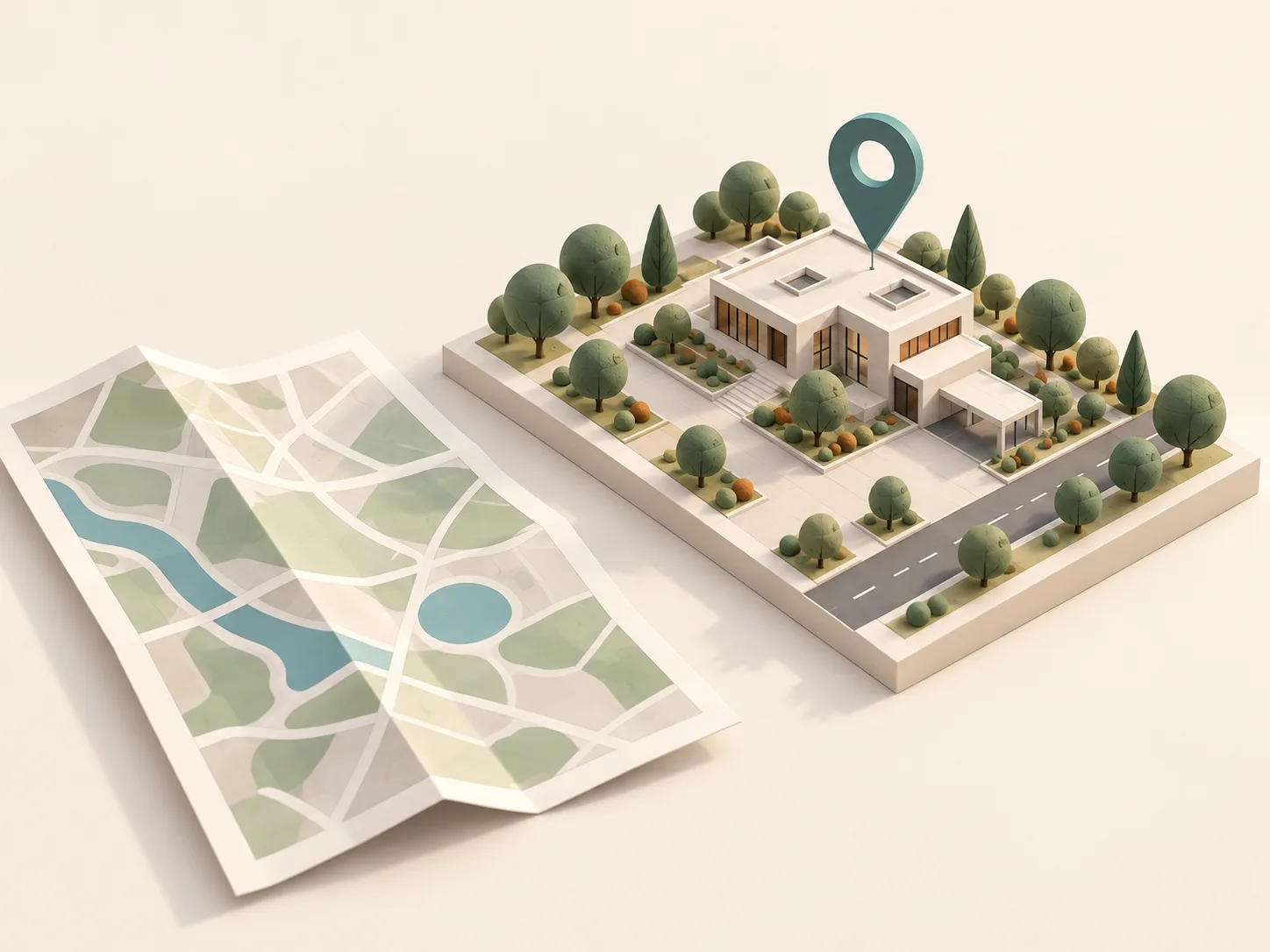 Illustrative property model with an abstract map and location pin.
