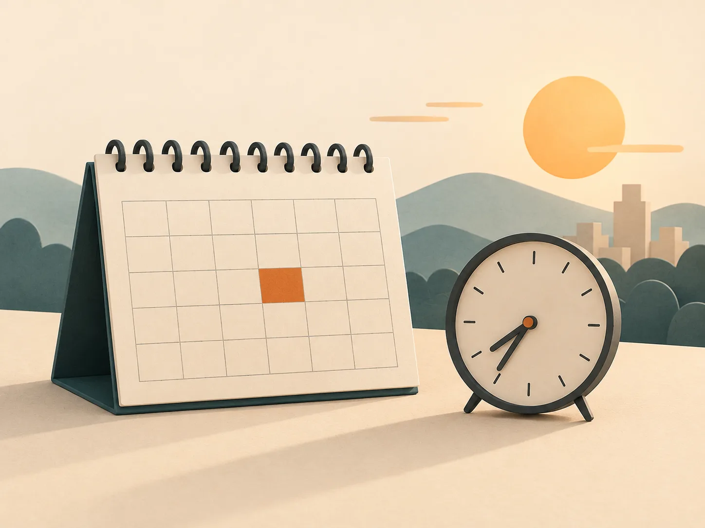 Illustrated calendar, clock and morning light for shoot scheduling.