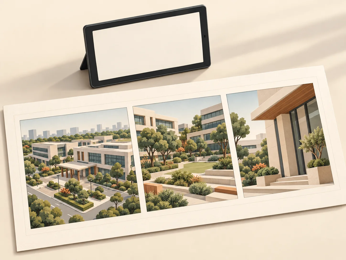 Illustrated storyboard showing a contemporary property and its surroundings.
