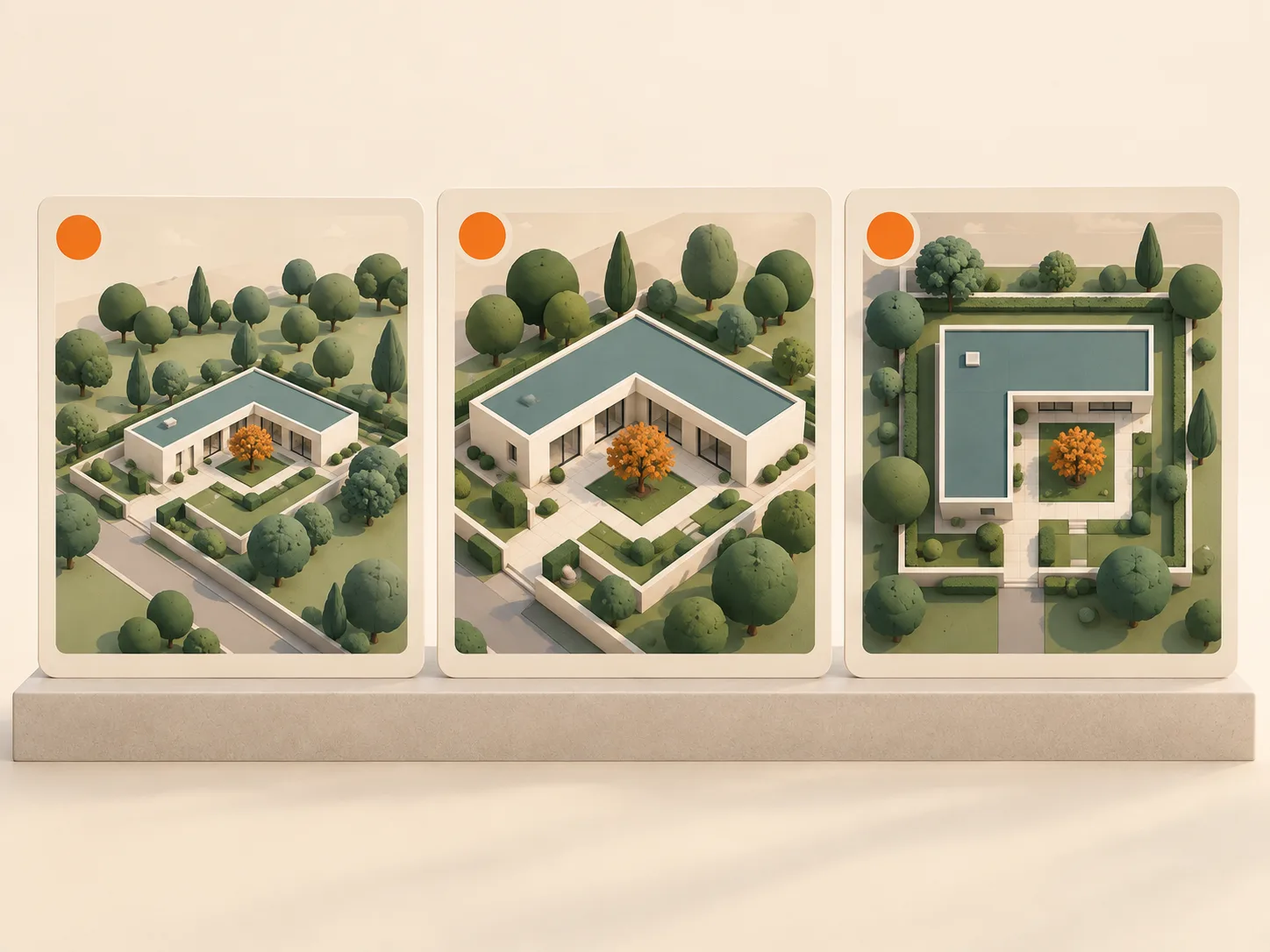 Three illustrated views of one property for planning priority shots.