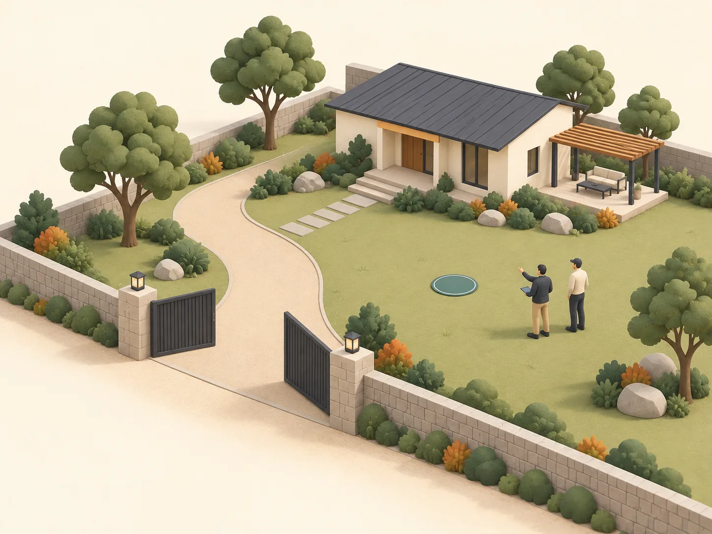 Illustrative site with an entrance gate, clear area and two coordinators.