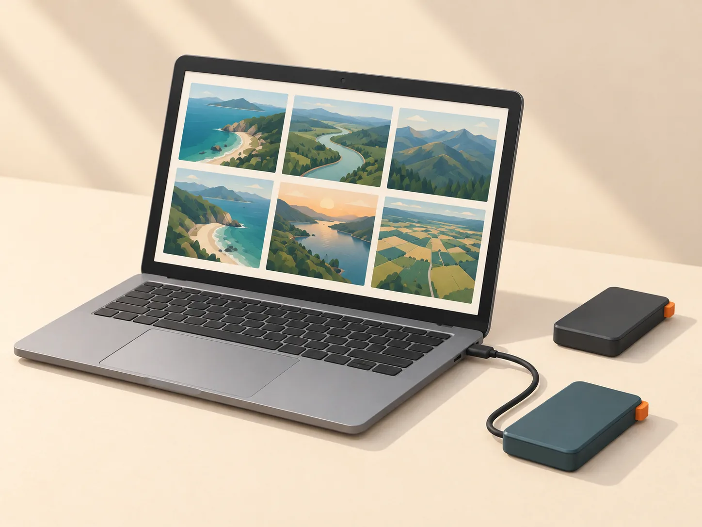 Illustrated laptop and external drives connected for file handover.