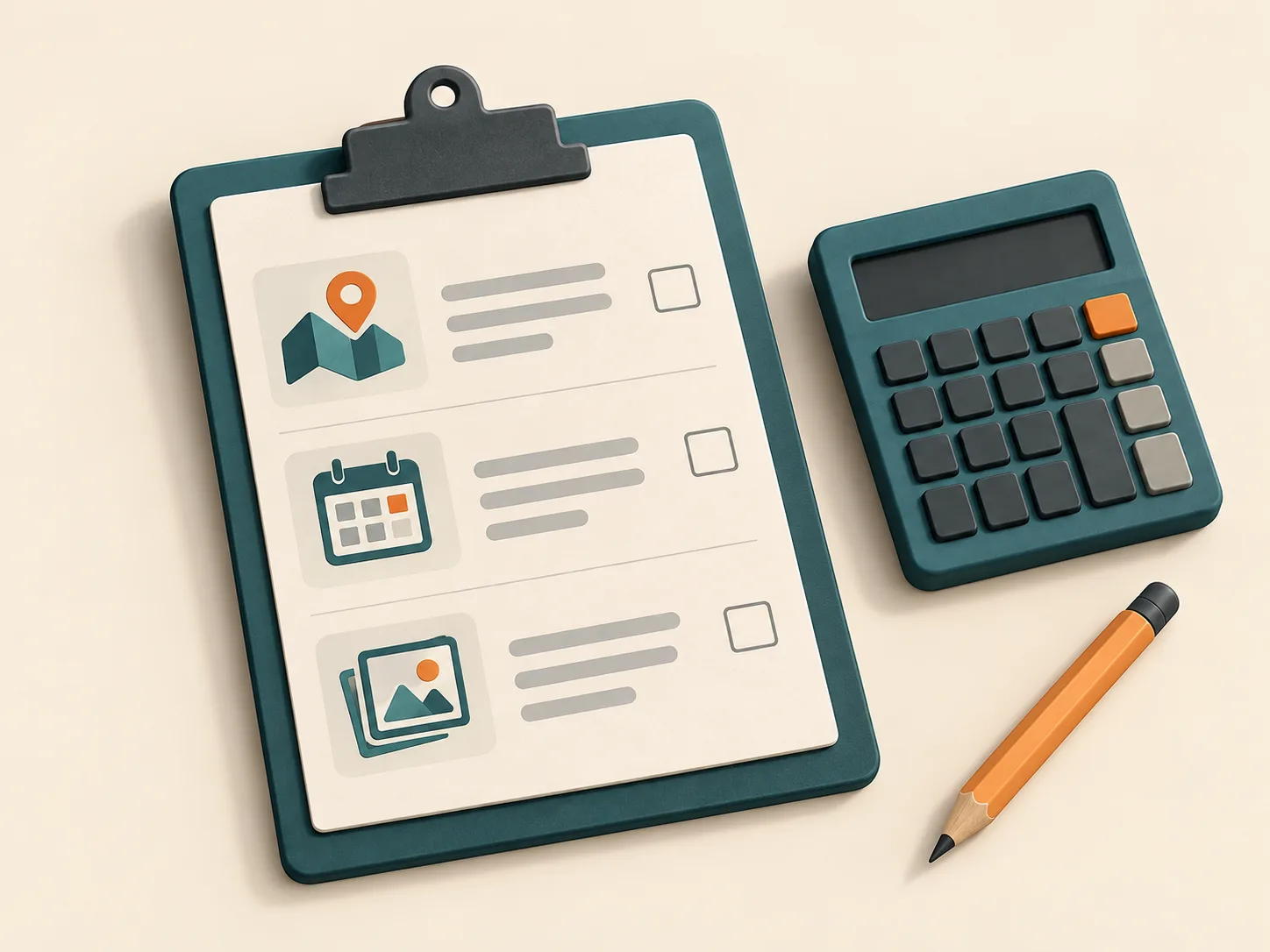 Illustrated scope checklist, calculator and pencil for planning a quote.