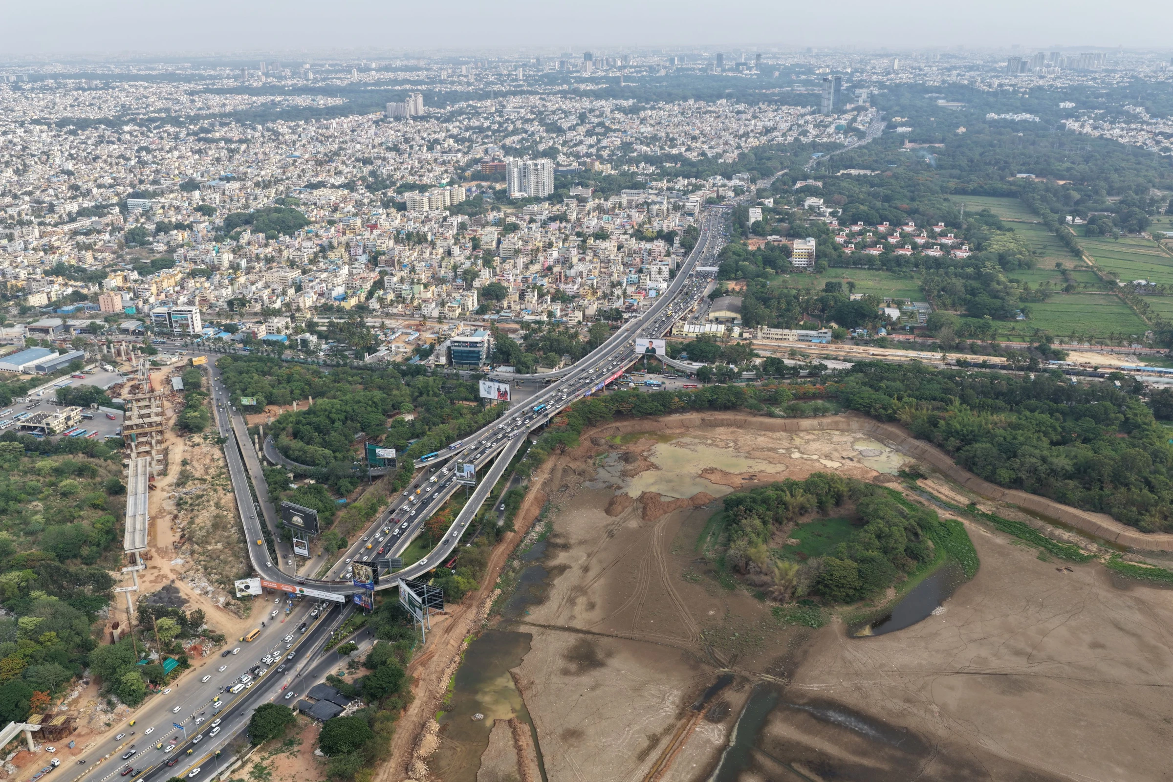 Aerial photograph of Hebbal, Bengaluru, showing roads, the surrounding city and landscape