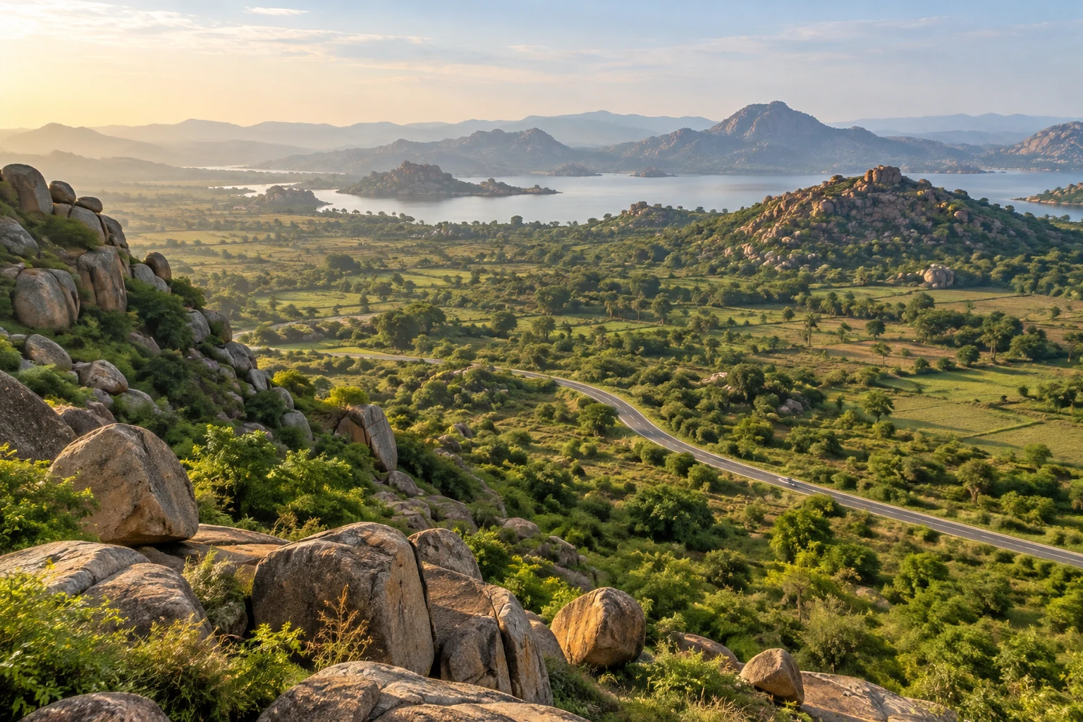 Illustrative wide aerial view of a rocky countryside and winding road