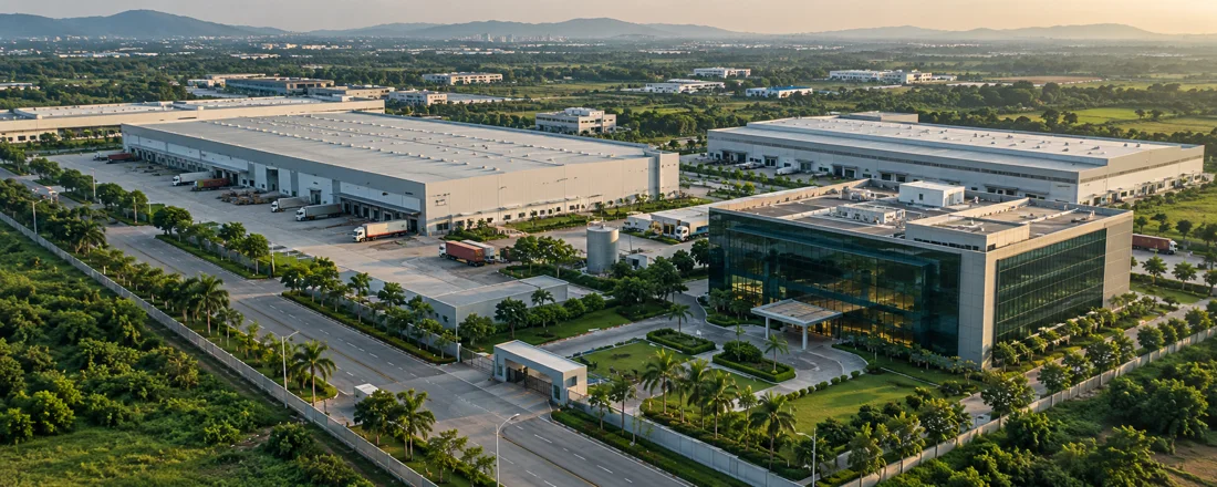 Illustrative aerial view of warehouses and a corporate office campus.
