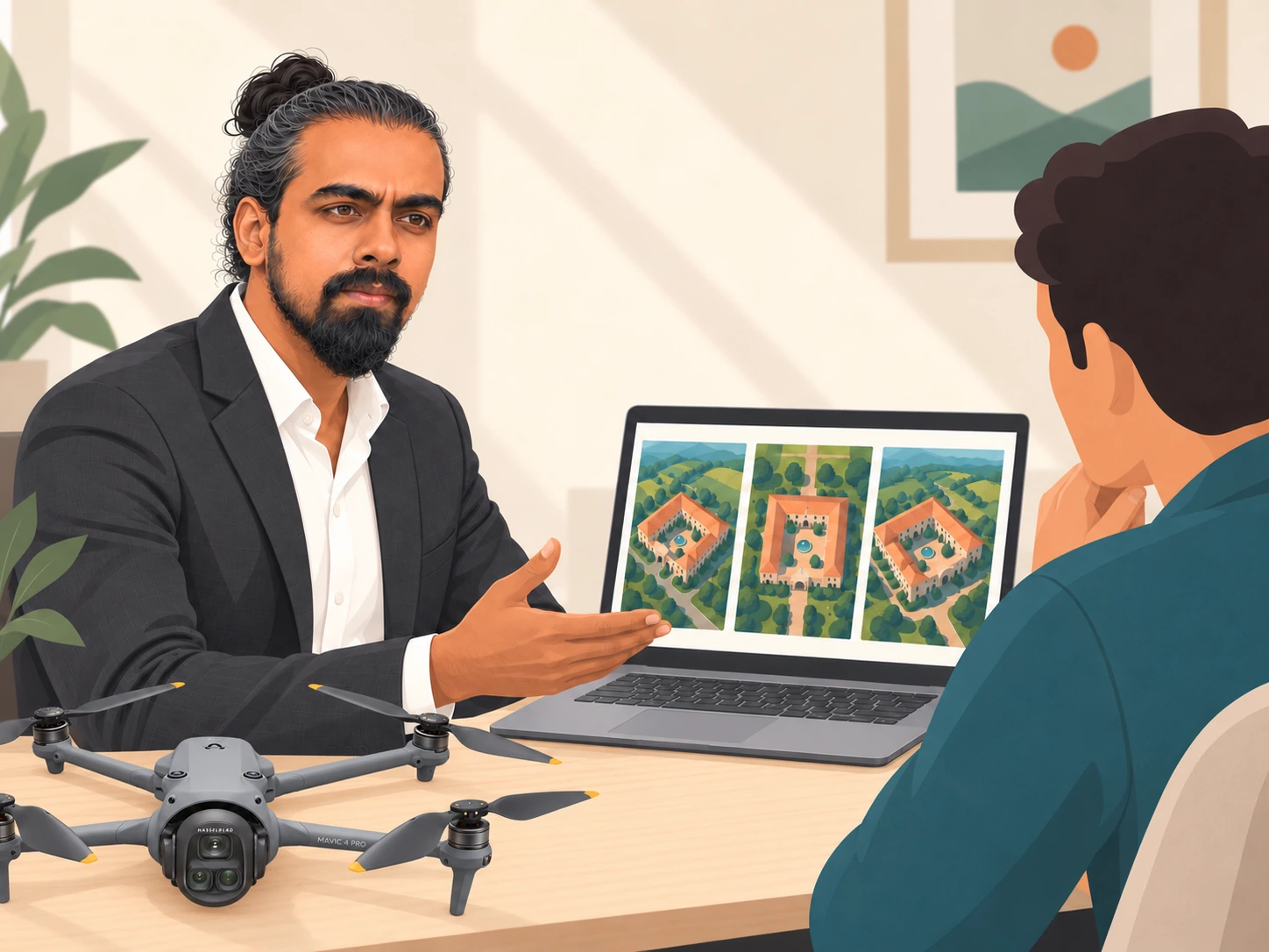 Illustration of Mamathesh Gowda discussing aerial footage with an editor, with a Mavic 4 Pro on the desk.