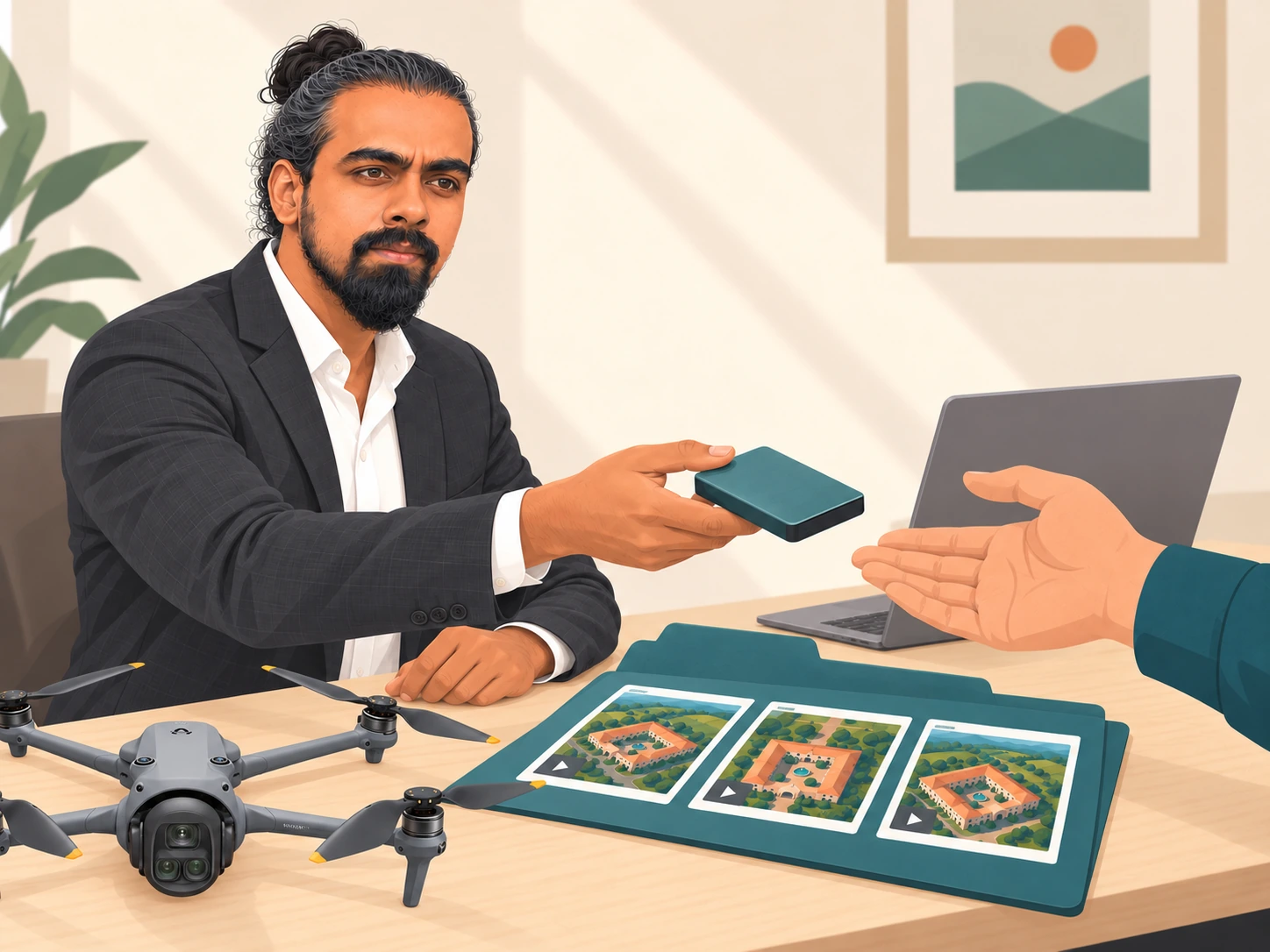 Illustration of Mamathesh Gowda handing original media to a recipient on a storage drive.