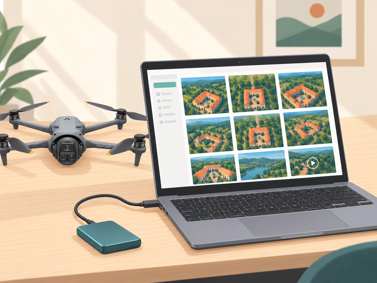 Illustrated laptop and connected storage drive prepared for file transfer, with a Mavic 4 Pro nearby.