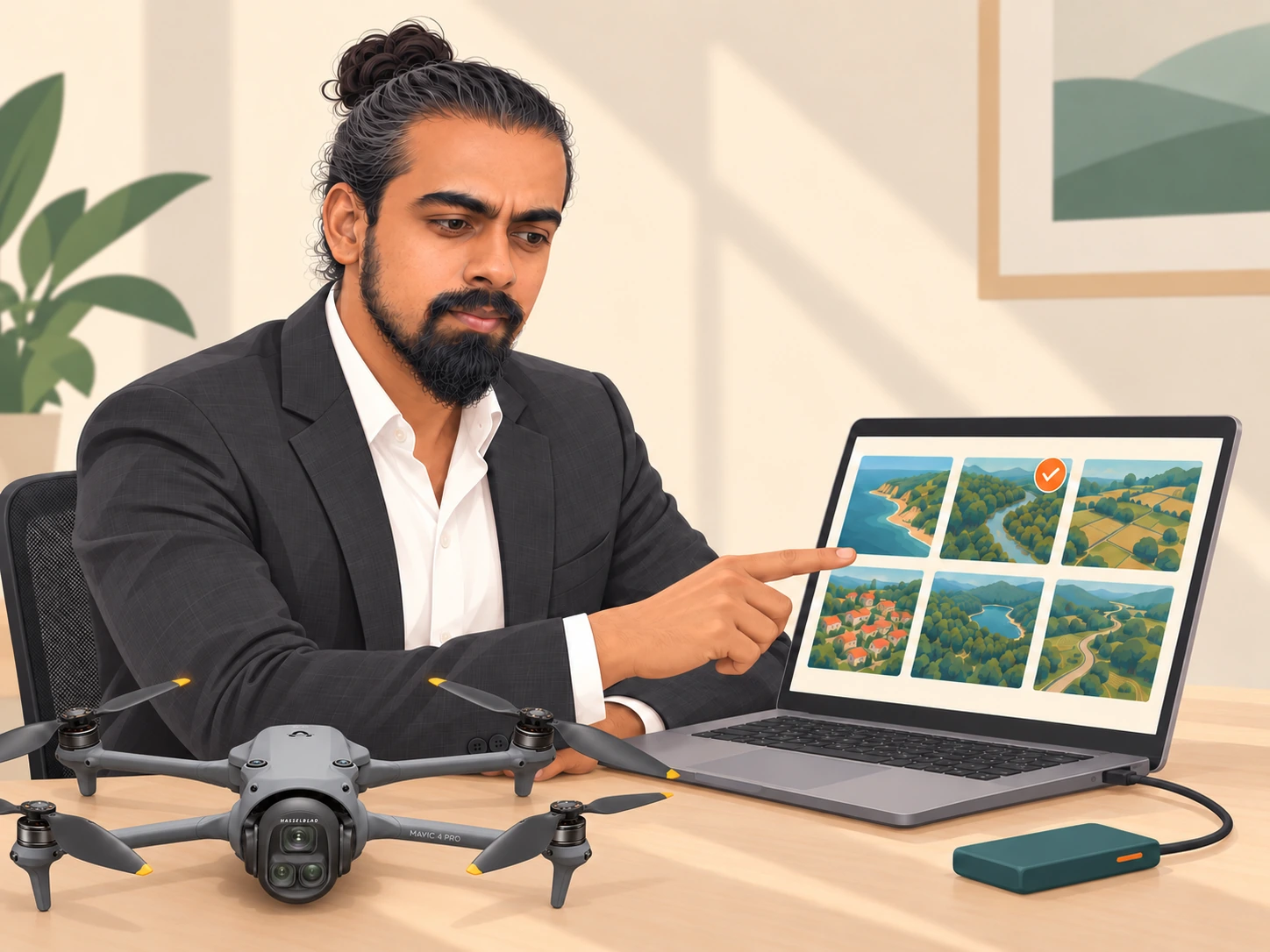 Illustration of Mamathesh Gowda checking copied footage on a laptop beside his drone.