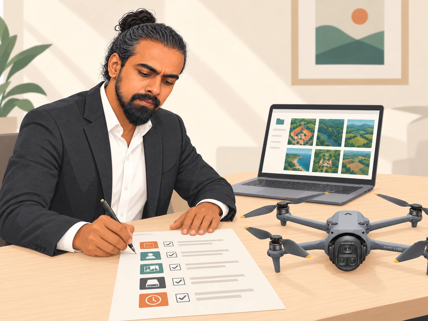 Illustration of Mamathesh Gowda preparing a handover checklist with his drone on the desk.