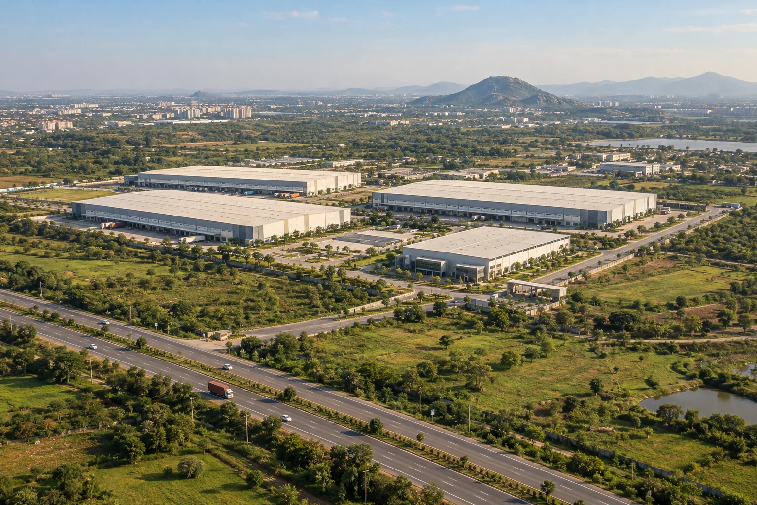 Illustrative wide aerial view of an industrial campus and surrounding location