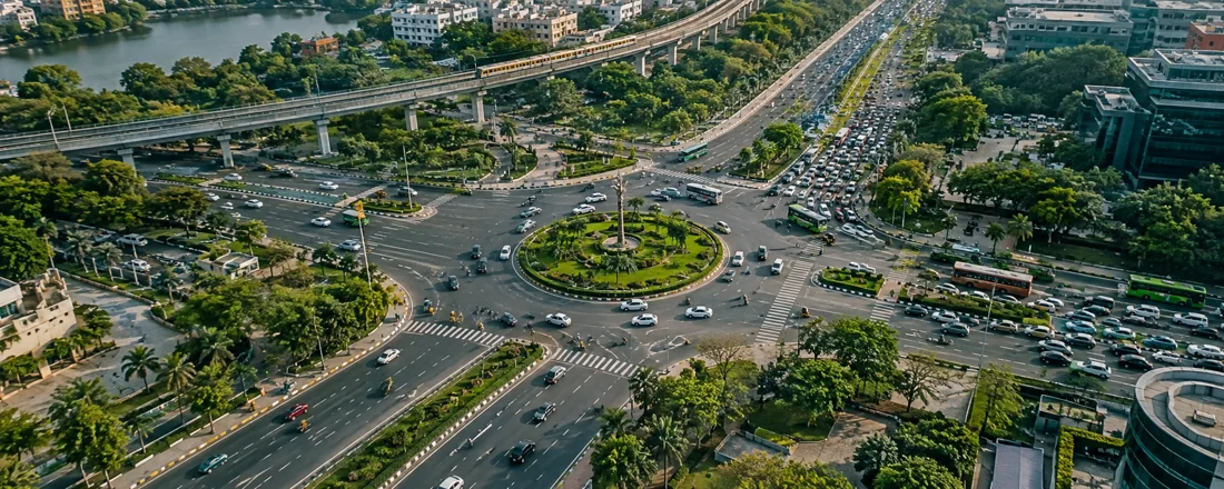 Illustrative elevated view of traffic conditions at a road junction.