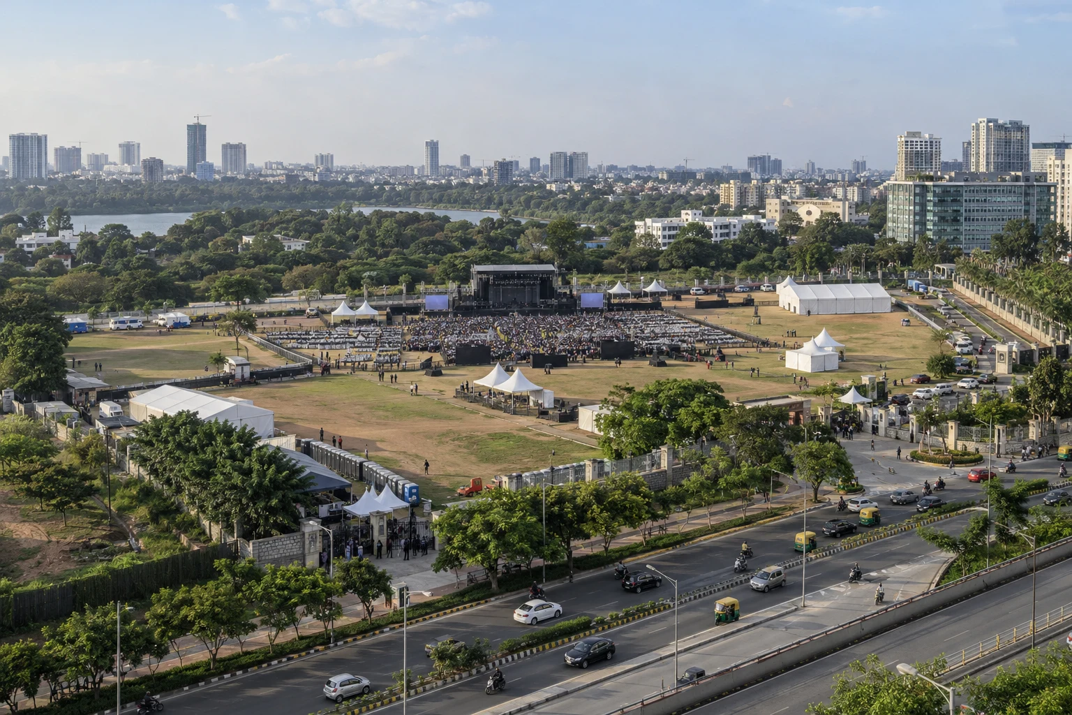 Illustrative wide aerial view of a public-event venue and surrounding roads