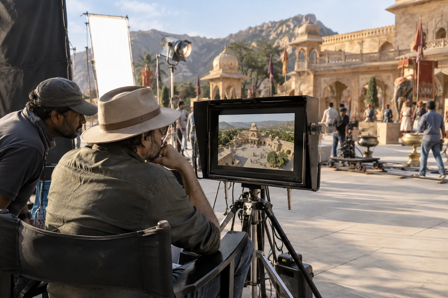 Illustrative director checking a field monitor beside a film set