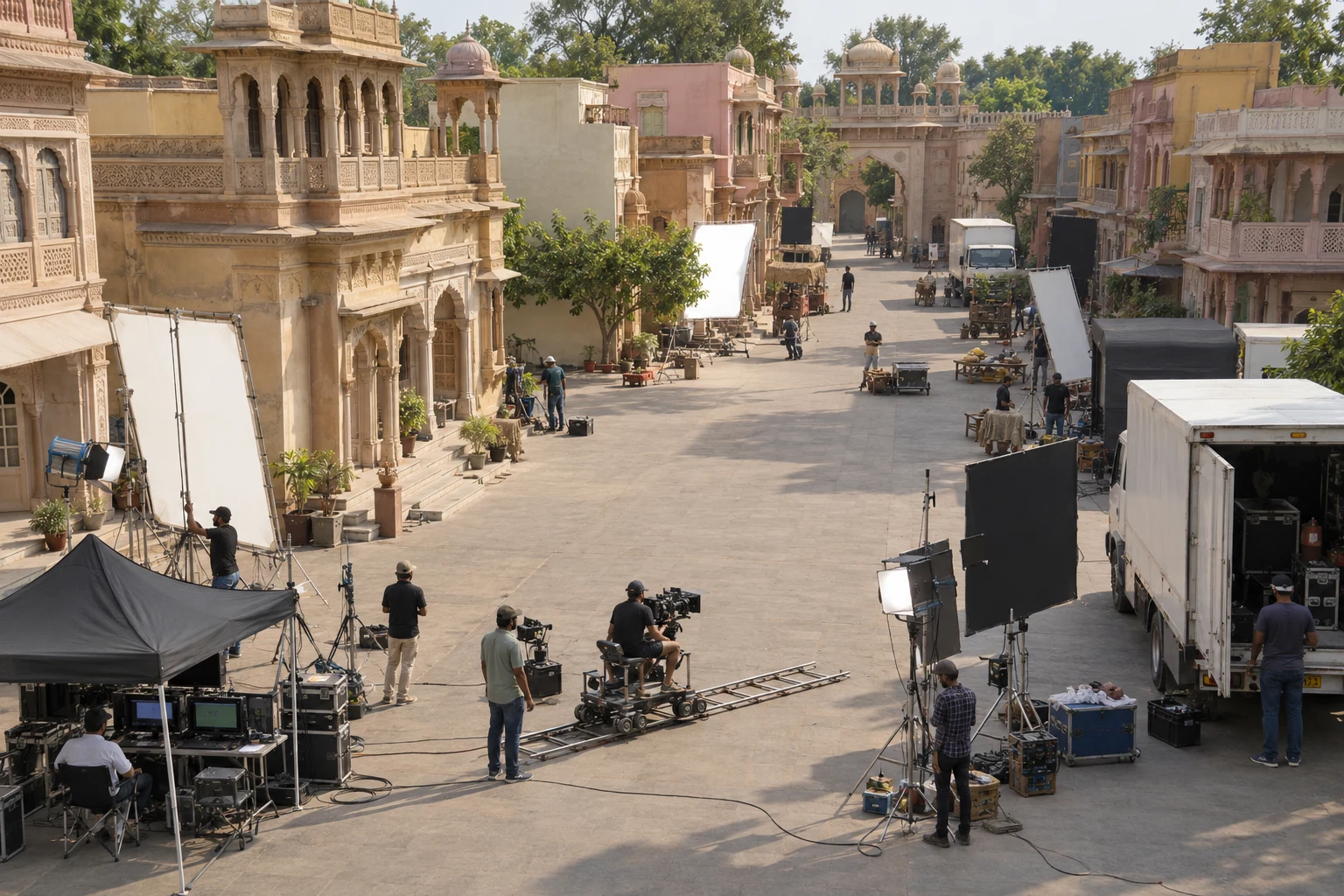 Illustrative wide aerial view of a film backlot and production setup