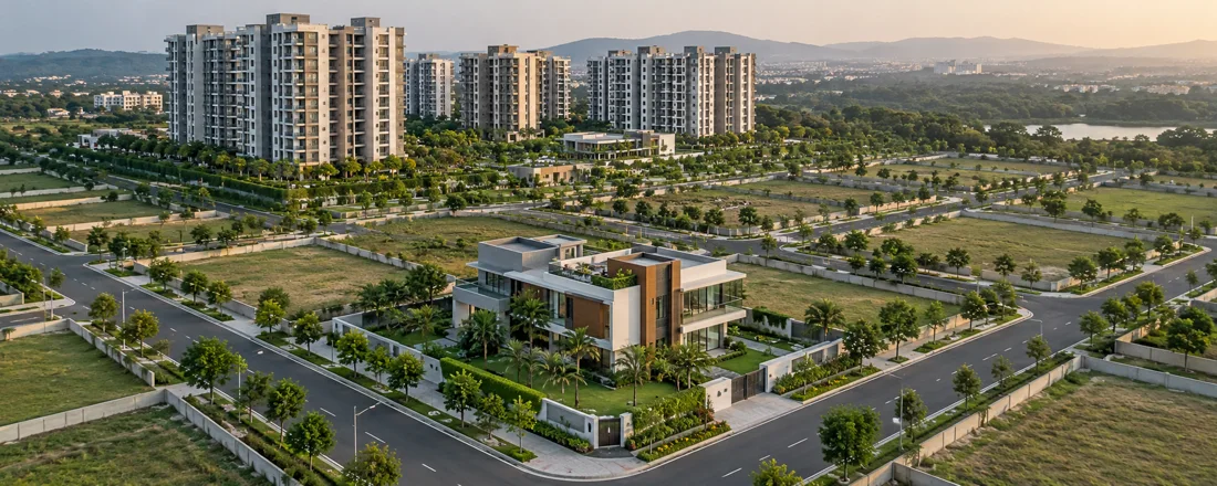 Illustrative aerial view of villa, plots and apartment development.