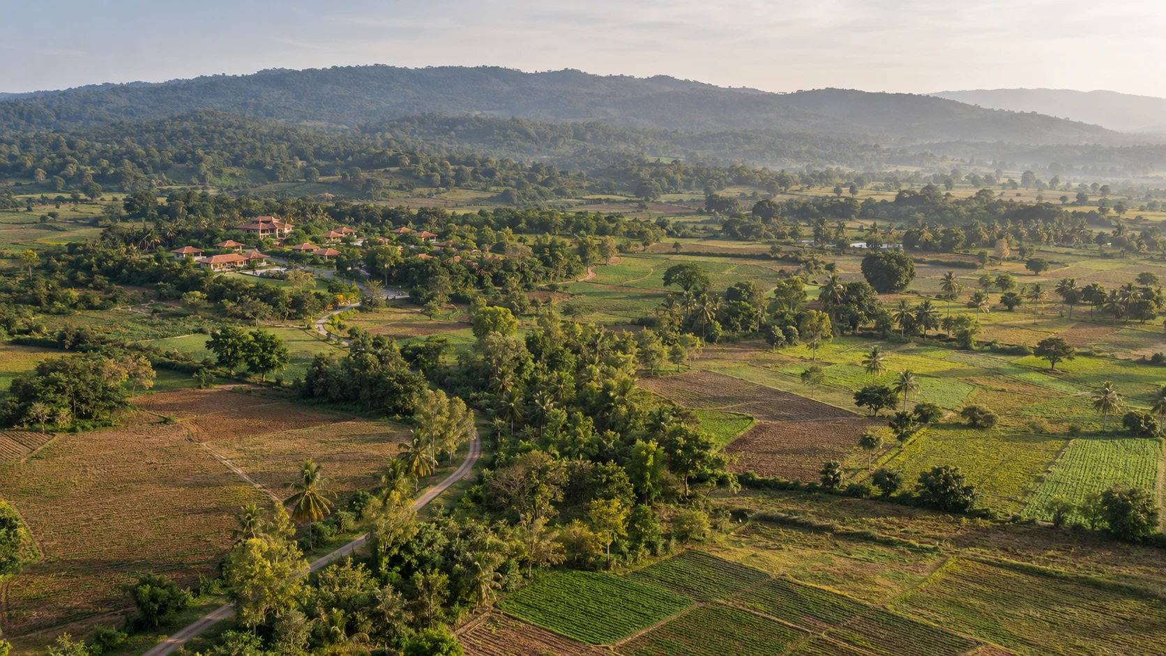 Illustrative wide countryside view of a resort and its approach lane