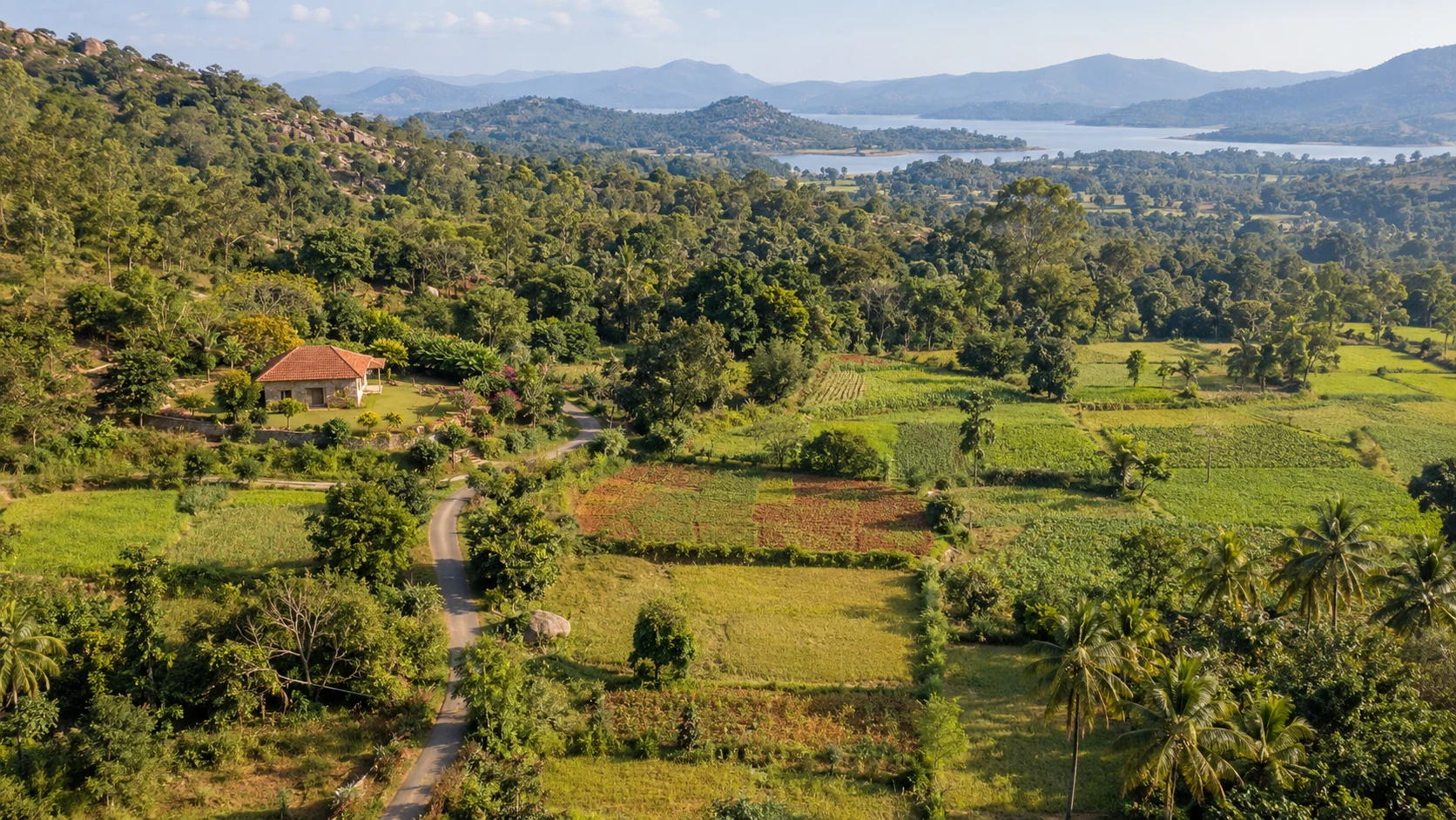 Illustrative wide countryside view of a stay and its approach lane