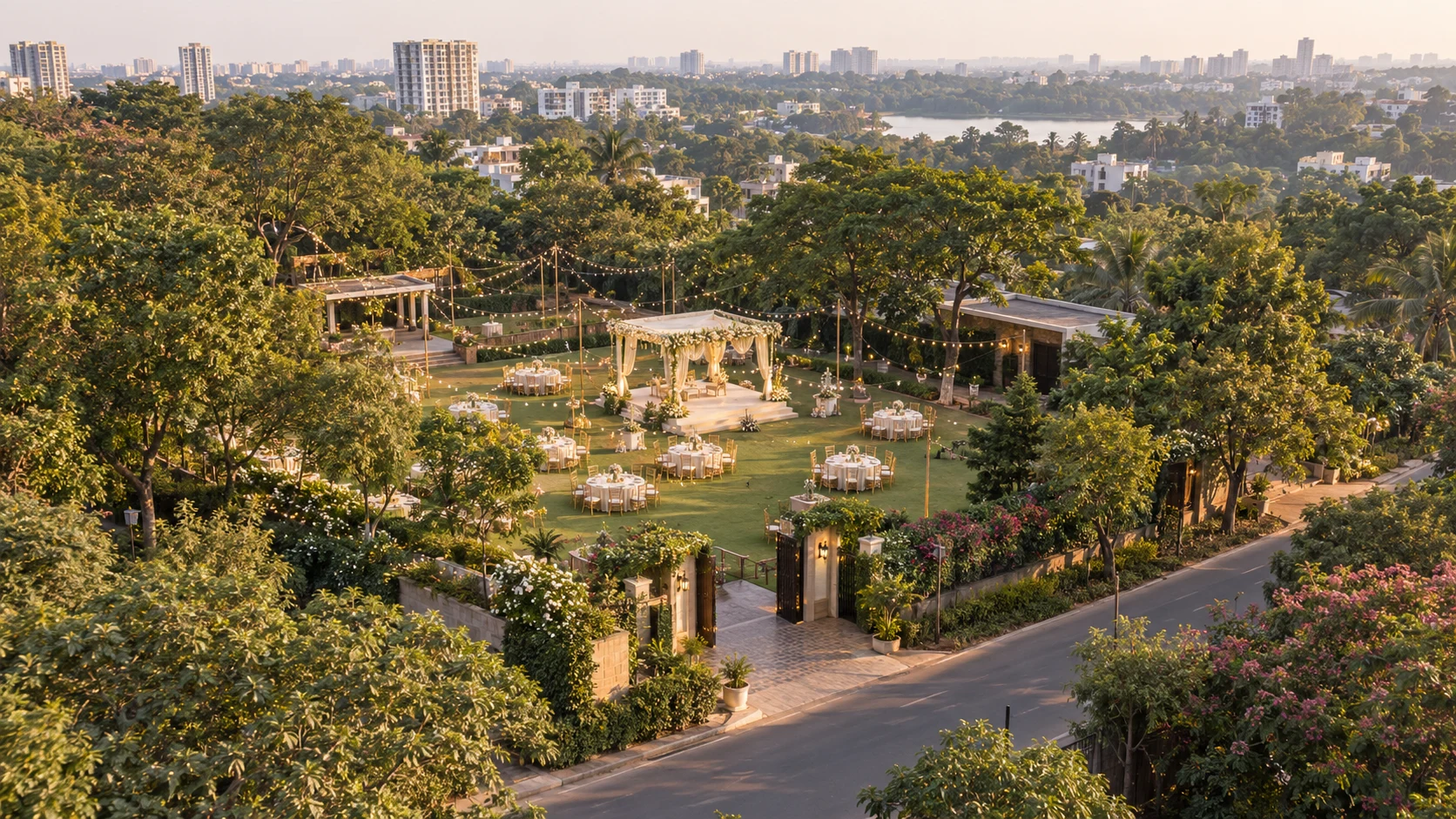 Illustrative wide aerial view of a wedding venue and surrounding location